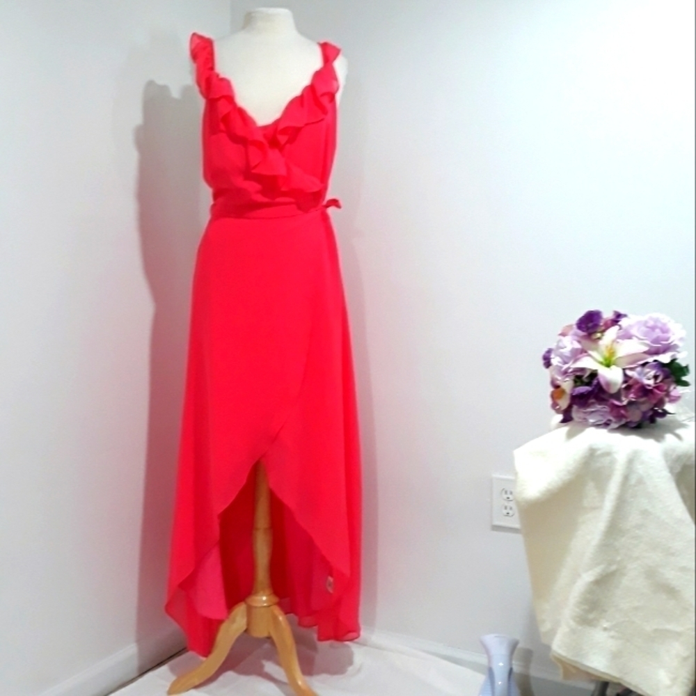 New BB Dakota RSVP Hot Pink wrap rufle high low gown NWT dress size Large